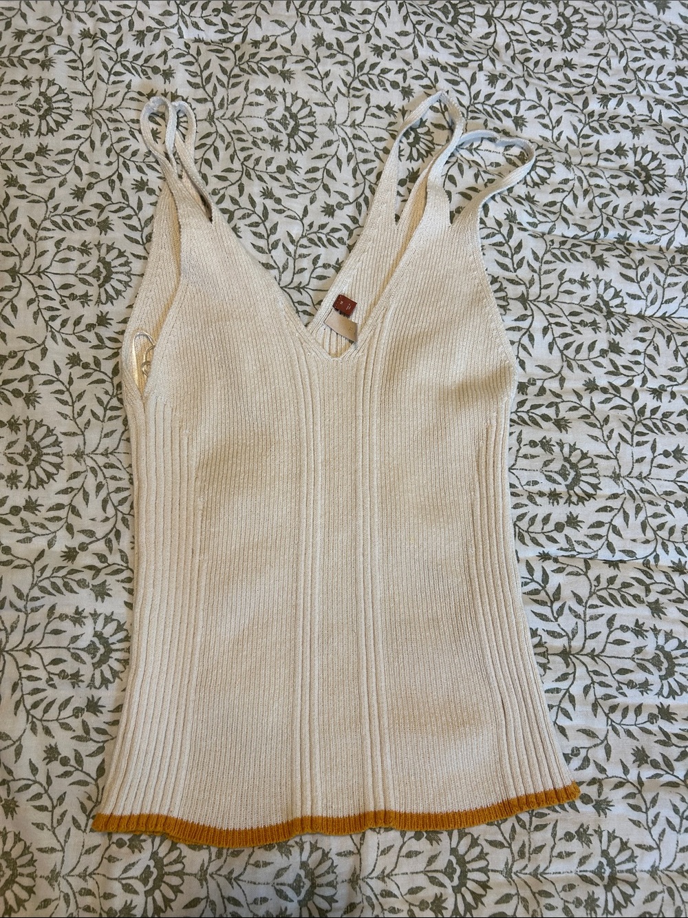 Pilcro Cream Ribbed V-Neck Tank with Mustard Trim